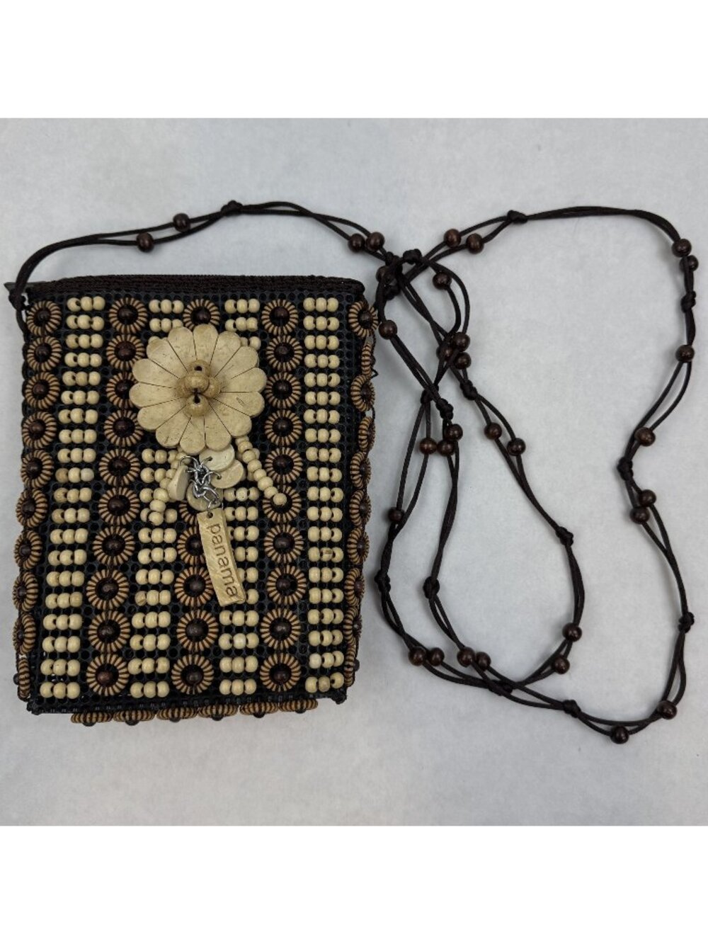 Boho Panama Artisan Natural Wood Beaded Crossbody Bag Flower Details Brown Purse